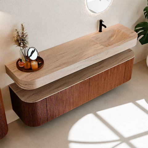 MONDIAZ THOR-DLUX 180cm meuble de salle de bains arrondi gauche + droite couleur Ruby avec 2 tiroirs et 2 portes. Vasque suspendue CLOUD Droite 1 trou de robinet couleur Saba. SW1466257