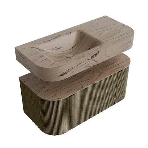MONDIAZ THOR-DLUX 100cm meuble de salle de bains arrondi gauche + droite couleur Shadow avec 1 tiroir et 2 portes. Vasque suspendue CLOUD gauche sans trou de robinet couleur Arena. SW1467463