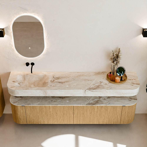 MONDIAZ THOR-DLUX 200cm meuble de salle de bains arrondi gauche + droite couleur Oak avec 2 tiroirs et 2 portes. Vasque suspendue CLOUD Gauche sans trou de robinet couleur Frappe. SW1466938