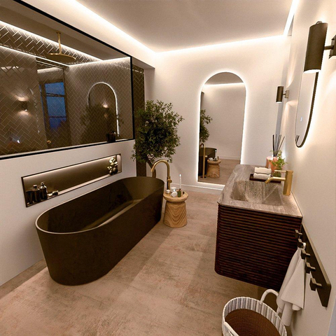 Mondiaz CIRO-DLUX Ensemble de meubles de salle de bains - 130x45x50cm - Plan vasque solid surface Oza - 1 vasque à droite - 1 trou de robinet - 4 tiroirs - Noyer SW1530648