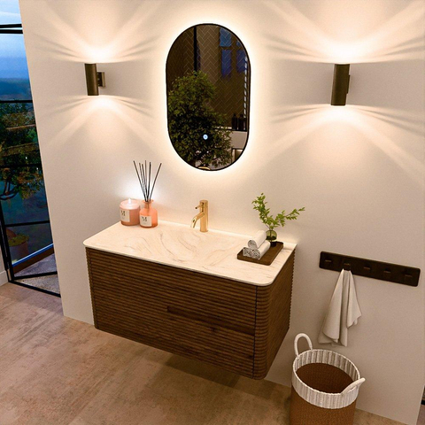 Mondiaz CIRO-DLUX Badkamermeubelset - 100x45x50cm - Solid surface wastafel Ostra - 1 wasbak Midden - 1 kraangat - 2 lades - Dusk SW1532879