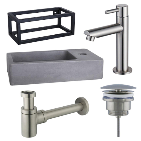 Fortifura Fuente Fonteinset - 40x22x23.5cm - 1 kraangat - zwart frame - fonteinkraan - RVS geborsteld - beton - beton (grijs) SW1111519