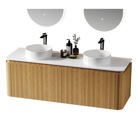 Royal Plaza Terra Ensemble meuble de salle de bains - 140x46.2x46cm - plan de toilette solid surface blanc mat - 4 tiroirs - sandwood (chêne clair) SW1426286
