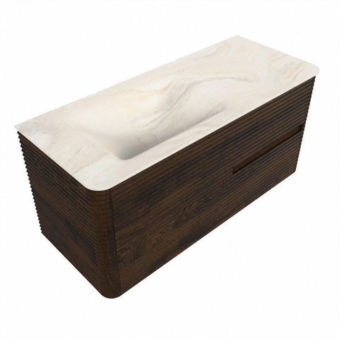 Mondiaz CIRO-DLUX Meuble de salle de bains - 110x45x50cm - vasque solid surface Ostra - 1 bassin à gauche - sans trous de robinet - 2 tiroirs - Noyer SW1530385