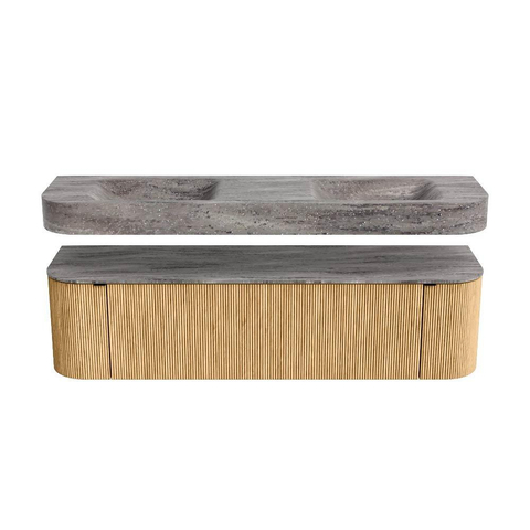 MONDIAZ THOR-DLUX 170cm badmeubel ronding links + rechts kleur Oak met 1 lade en 2 deuren. Vrijhangende wastafel CLOUD Dubbel 2 kraangaten kleur Oza. SW1465658