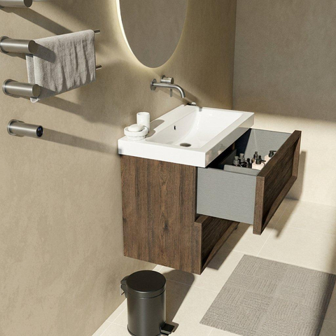 Saniclass Holz Frame Badkamermeubelset - 80x45x67.5cm - Wave keramische wastafel - 1 wasbak - zonder kraangat - 2 lades - mat eiken charcoal (hout) SW1579753