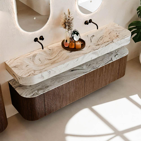 MONDIAZ THOR-DLUX 180cm meuble de salle de bains arrondi gauche + droite couleur Walnut avec 2 tiroirs et 2 portes. Vasque suspendue CLOUD Double sans trou de robinet couleur Glace. SW1465937