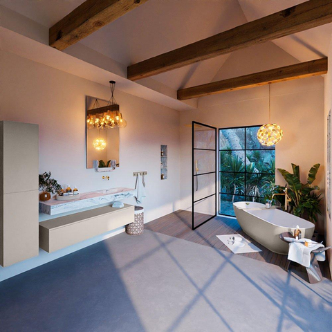 Mondiaz ALAN-DLUX Ensemble de meuble - 150cm - meuble Linen mat - 1 tiroir - Lavabo Cloud Glace suspendu - vasque Droite - 0 trous de robinet SW805889