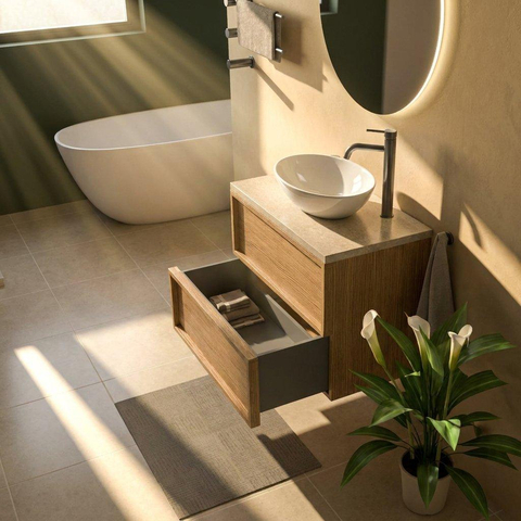 Saniclass Holz Frame Ensemble meuble de salle de bains - 80x45x63cm - Plan en pierre naturelle travertin - 1 trou de robinetterie - 2 tiroirs - chêne naturel mat (bois) SW1580028