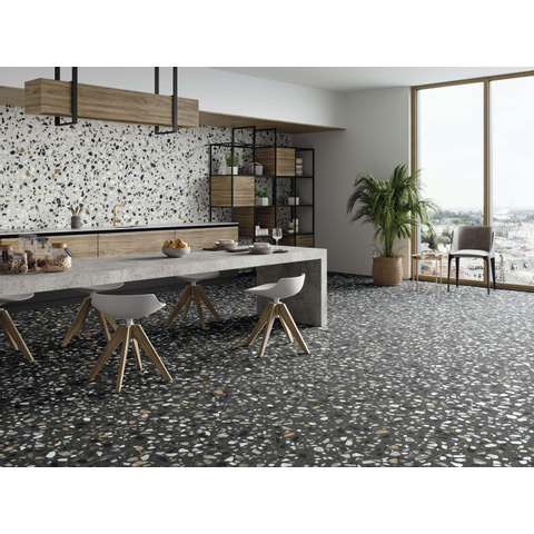 Terravito Hodoro carreau mural et de sol - 59.5x59.5cm - 9.5mm - rectifié - Terrazzo - Noir SW857381