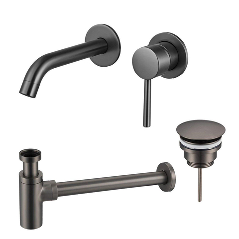 Fortifura Calvi Wastafelkraanset - inbouw wastafelkraan - always open plug - design - sifon - PVD - geborsteld gunmetal (antraciet) SW911759