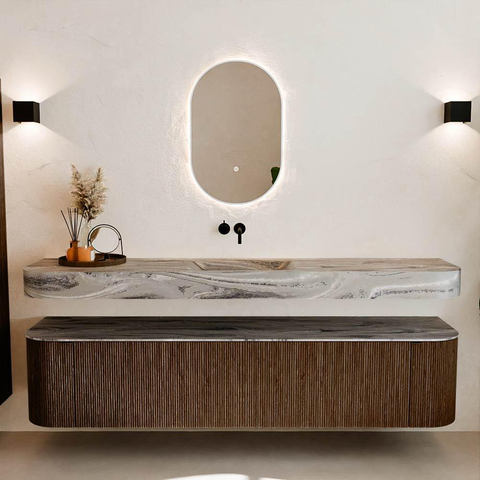 MONDIAZ THOR-DLUX 200cm meuble de salle de bains arrondi gauche + droite couleur Walnut avec 2 tiroirs et 2 portes. Vasque suspendue CLOUD Milieu sans trou de robinet couleur Sombra. SW1467271