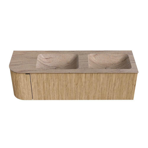 MONDIAZ KURVE-DLUX Meuble de salle de bains 145cm arrondi à gauche couleur Chêne avec 1 tiroir et 1 porte. Lavabo LEAF Double / Droite sans trou de robinet Saba. SW1433108