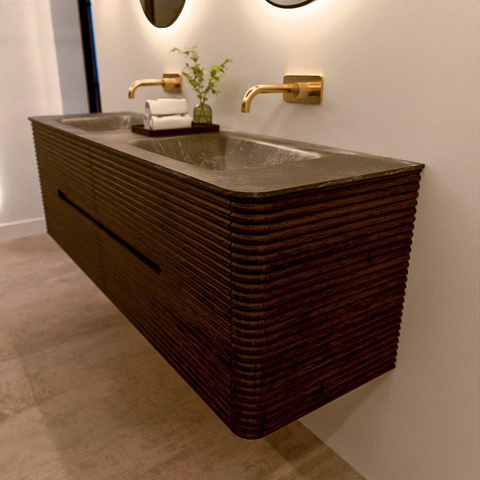 Mondiaz CIRO-DLUX Badkamermeubelset - 160x45x50cm - Solid surface wastafel Lava - 2 wasbak Dubbel - zonder kraangaten - 4 lades - Walnut SW1530166