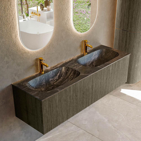 Mondiaz KURVE-DLUX Ensemble de meuble de salle de bains - 150x46x40cm - 2 tiroirs - vasque solid surface - double - 2 trous de robinet - Shadow SW1414716