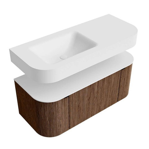 MONDIAZ THOR Meuble de salle de bains 110cm arrondi gauche + droite couleur Walnut avec 1 tiroir et 2 portes. Vasque suspendue CLOUD gauche sans trou de robinet couleur Talc. SW1462744
