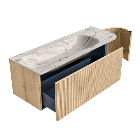 MONDIAZ KURVE-DLUX Meuble de salle de bains 125cm courbe droite couleur chêne avec 1 tiroir et 1 porte. Lavabo BIG MEDIUM gauche sans trou de robinet Nata. SW1432089