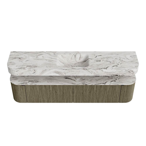 MONDIAZ THOR-DLUX 200cm meuble de salle de bains arrondi gauche + droite couleur Shadow avec 2 tiroirs et 2 portes. Vasque suspendue CLOUD Milieu 1 trou de robinet couleur Glace. SW1467715