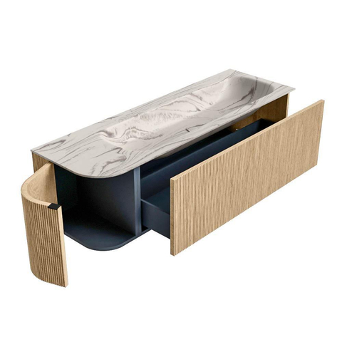 MONDIAZ KURVE-DLUX 145cm badmeubel ronding Links kleur Oak met 1 lade en 1 deur. Wastafel BIG LARGE Rechts 2 kraangaten Nata. SW1432121