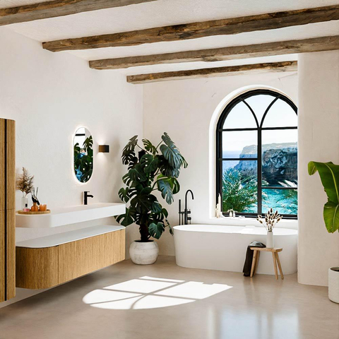 MONDIAZ THOR 180cm badmeubel ronding links + rechts kleur Oak met 2 lades en 2 deuren. Vrijhangende wastafel CLOUD Rechts 1 kraangat kleur Talc. SW1465869