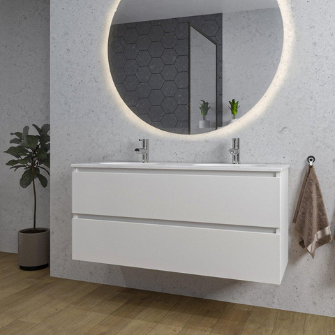 Saniclass Chaci Meuble de salle de bain - 120x46x55cm - lavabo en céramique blanc - 2 vasques ovales - 2 trous de robinet - 2 tiroirs - ronde miroir avec éclairage - blanc mat SW816300