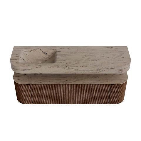 MONDIAZ THOR-DLUX 160cm meuble de salle de bains arrondi gauche + droite couleur Walnut avec 1 tiroir et 2 portes. Vasque suspendue CLOUD Gauche sans trou de robinet couleur Arena. SW1465145