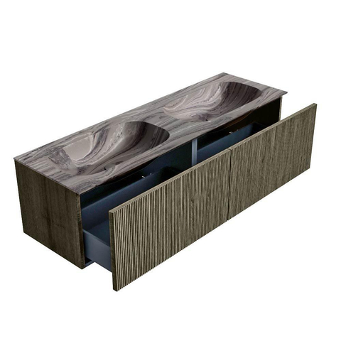 MONDIAZ KURVE-DLUX meuble de salle de bains 150cm couleur Shadow avec 2 tiroirs et 0 porte. Lavabo STOR SMALL Double sans trou de robinet Sombra. SW1433806