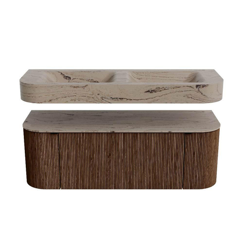 MONDIAZ THOR-DLUX 130cm meuble de salle de bains arrondi gauche + droite couleur Walnut avec 1 tiroir et 2 portes. Vasque suspendue CLOUD Double sans trou de robinet couleur Arena. SW1463778