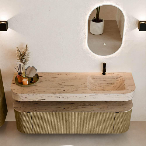 MONDIAZ THOR-DLUX 160cm meuble de salle de bains arrondi gauche + droite couleur Dusk avec 1 tiroir et 2 portes. Vasque suspendue CLOUD Droite 1 trou de robinet couleur Arena. SW1465143