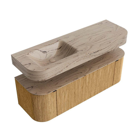 MONDIAZ THOR-DLUX 140cm meuble de salle de bains arrondi gauche + droite couleur Oak avec 1 tiroir et 2 portes. Vasque suspendue CLOUD Gauche 1 trou de robinet couleur Arena. SW1464370
