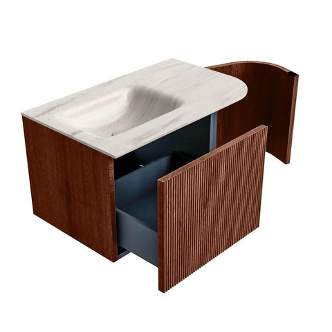 MONDIAZ KURVE-DLUX Meuble de salle de bains 75cm arrondi Droite couleur Ruby avec 1 tiroir et 1 porte. Lavabo GRUNNE Gauche sans trou de robinet Meli. SW1431947
