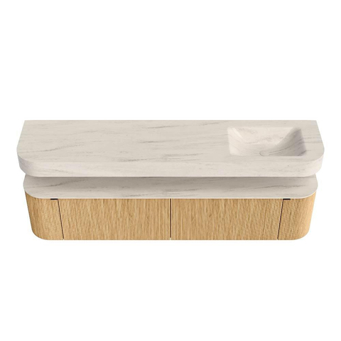 MONDIAZ THOR-DLUX 200cm meuble de salle de bains arrondi gauche + droite couleur Chêne avec 2 tiroirs et 2 portes. Vasque suspendue CLOUD Droite sans trou de robinet couleur Meli. SW1467099