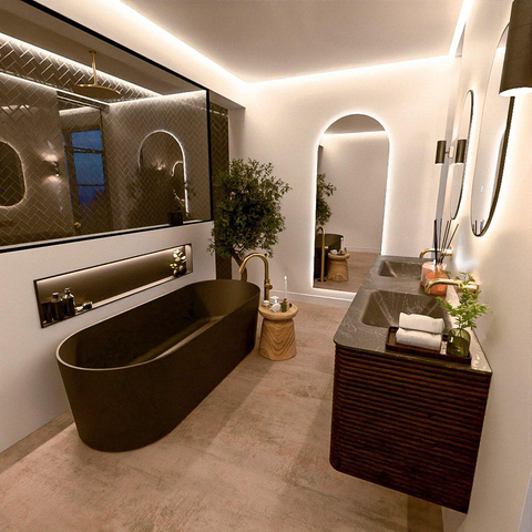 Mondiaz CIRO-DLUX Meuble de salle de bains ensemble - 170x45x50cm - Vasque solid surface Lava - 2 bacs Double - sans trous de robinet - 4 tiroirs - Noyer SW1530170