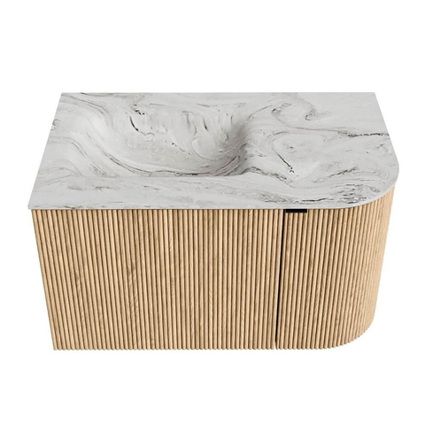 MONDIAZ KURVE-DLUX meuble de salle de bains 75 cm avec module 25 R couleur chêne avec 1 tiroir et 1 porte. Lavabo GRUNNE à gauche sans trou de robinet couleur Glace. SW1137924