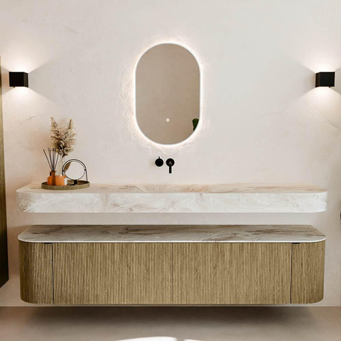 MONDIAZ THOR-DLUX 200cm meuble de salle de bains arrondi gauche + droite couleur Dusk avec 2 tiroirs et 2 portes. Vasque suspendue CLOUD Milieu sans trou de robinet couleur Frappe. SW1466823