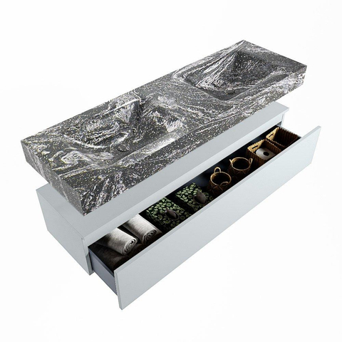 Mondiaz ALAN-DLUX Ensemble de meuble - 150cm - meuble Clay mat - 1 tiroir - Lavabo Cloud Lava suspendu - vasque Gauche et droite - 2 trous de robinet SW809084