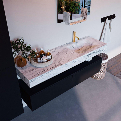 Mondiaz ALAN-DLUX Ensemble de meuble - 150cm - meuble Urban mat - 2 tiroirs - Lavabo Cloud Glace suspendu - vasque Droite - 1 trou de robinet SW805462