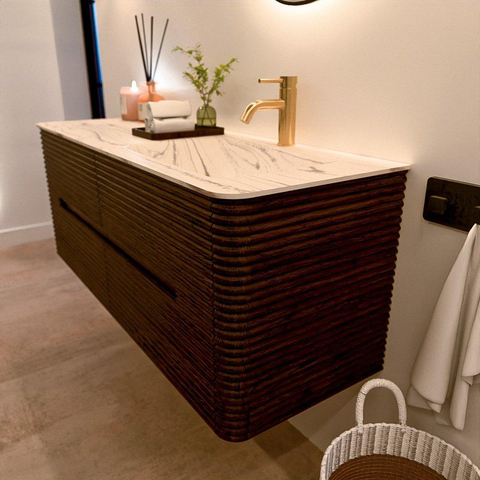 Mondiaz CIRO-DLUX Ensemble de meubles de salle de bains - 130x45x50cm - Vasque en solid surface Nata - 1 bassin à droite - 1 trou de robinet - 4 tiroirs - Noyer SW1530570