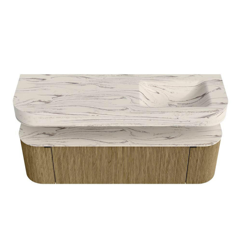 MONDIAZ THOR-DLUX 150cm meuble de salle de bains arrondi gauche + droite couleur Dusk avec 1 tiroir et 2 portes. Vasque suspendue CLOUD Droite 1 trou de robinet couleur Nata. SW1464816