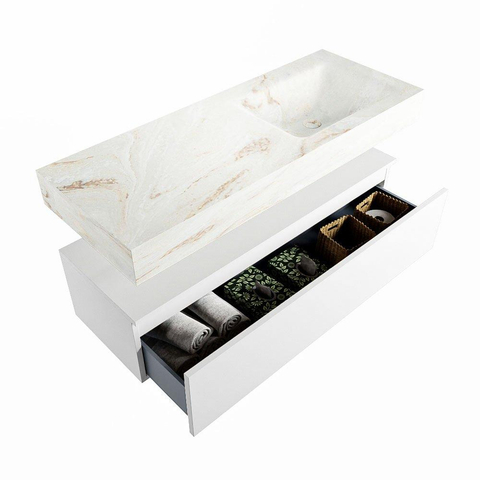 Mondiaz ALAN-DLUX Ensemble de meuble - 120cm - meuble Talc mat - 1 tiroir - Lavabo Cloud Frappe suspendu - vasque Droite - 0 trous de robinet SW805072