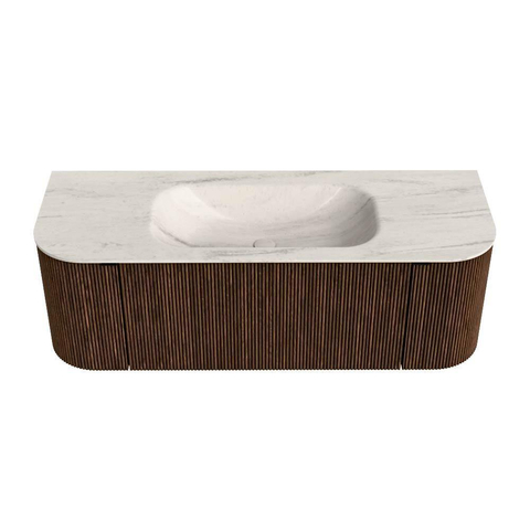 MONDIAZ KURVE-DLUX 130cm badmeubel ronding Links + Rechts kleur Walnut met 1 lade en 2 deuren. Wastafel BIG SMALL Midden 1 kraangat Meli. SW1431681