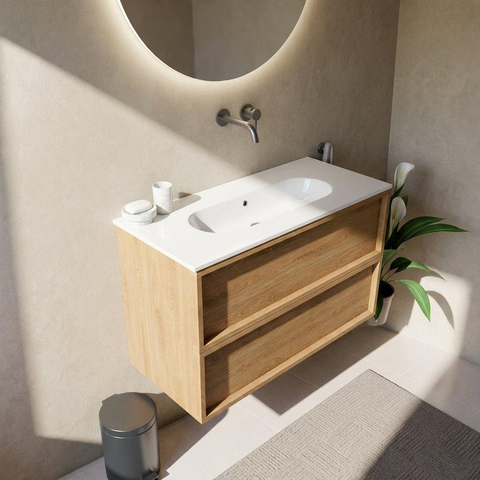 Saniclass Holz Frame Ensemble meuble de salle de bains - 100x45x73.9cm - lavabo Chaci en céramique blanc - 1 vasque - sans trou de robinetterie - 2 tiroirs - chêne natural mat (bois) SW1580002