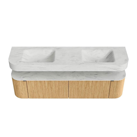 MONDIAZ THOR-DLUX 180cm meuble de salle de bains arrondi gauche + droite couleur Oak avec 2 tiroirs et 2 portes. Vasque suspendue CLOUD Double 2 trous de robinet couleur Opalo. SW1465905
