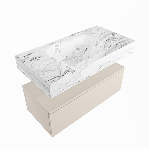 Mondiaz ALAN-DLUX Ensemble de meuble - 90cm - meuble Linen mat - 1 tiroir - Lavabo Cloud Glace suspendu - vasque Centre - 0 trous de robinet SW805901