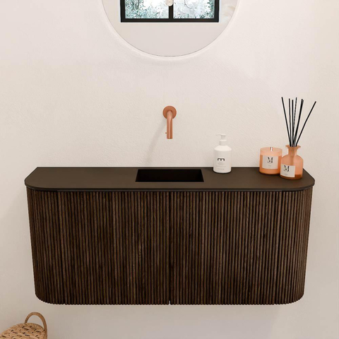 Mondiaz JOYA 93.2cm meuble de salle de bains - arrondi gauche et droite couleur Walnut - Vasque FAYE position Milieu Sans trou de robinet couleur Urban SW1421393