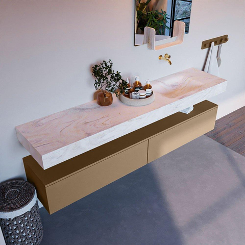Mondiaz ALAN-DLUX Ensemble de meuble - 200cm - meuble - Oro mat - 2 tiroirs - Lavabo Cloud Ostra suspendu - vasque droite - 0 trous de robinet - Beige SW807801