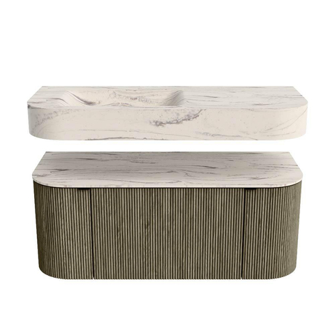 MONDIAZ THOR-DLUX 110cm meuble de salle de bains arrondi gauche + droite couleur Shadow avec 1 tiroir et 2 portes. Vasque suspendue CLOUD Gauche 1 trou de robinet couleur Nata. SW1463022