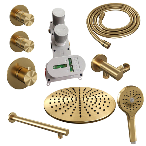 Brauer Gold Edition Ensemble de douche pluie encastré - douche principale 30cm - 3 boutons lisses - bras mural droit - douchette ronde 3 positions - PVD - or brossé SW547701