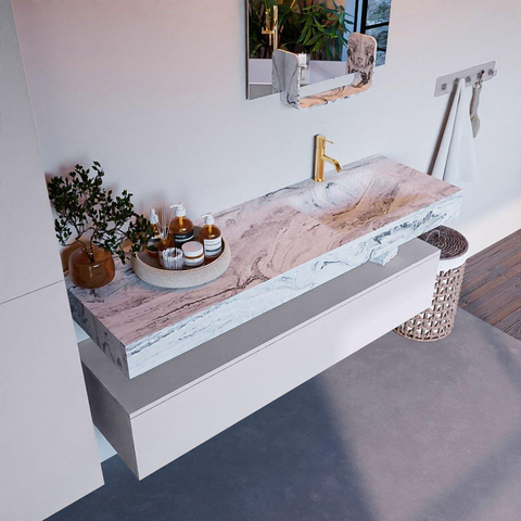 Mondiaz ALAN-DLUX Ensemble de meuble - 150cm - meuble Cale mat - 1 tiroir - Lavabo Cloud Glace suspendu - vasque Droite - 1 trou de robinet SW805913