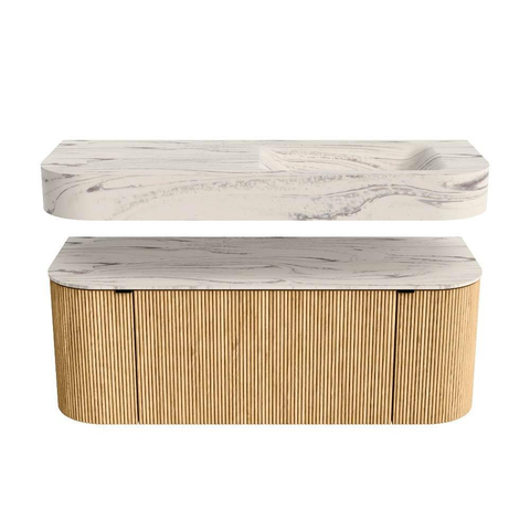 MONDIAZ THOR-DLUX 120cm meuble de salle de bains arrondi gauche + droite couleur Oak avec 1 tiroir et 2 portes. Vasque suspendue CLOUD Droite sans trou de robinet couleur Nata. SW1463332